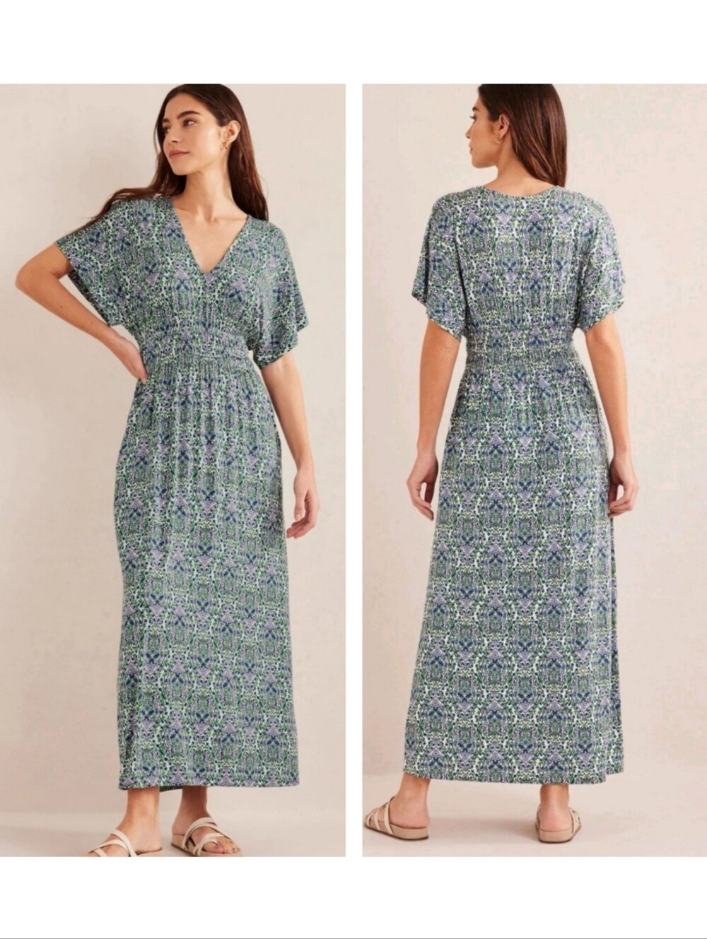 Boden Smock Waist Jersey Maxi Dress In Linseed Vine Terrace Women’s Size 14